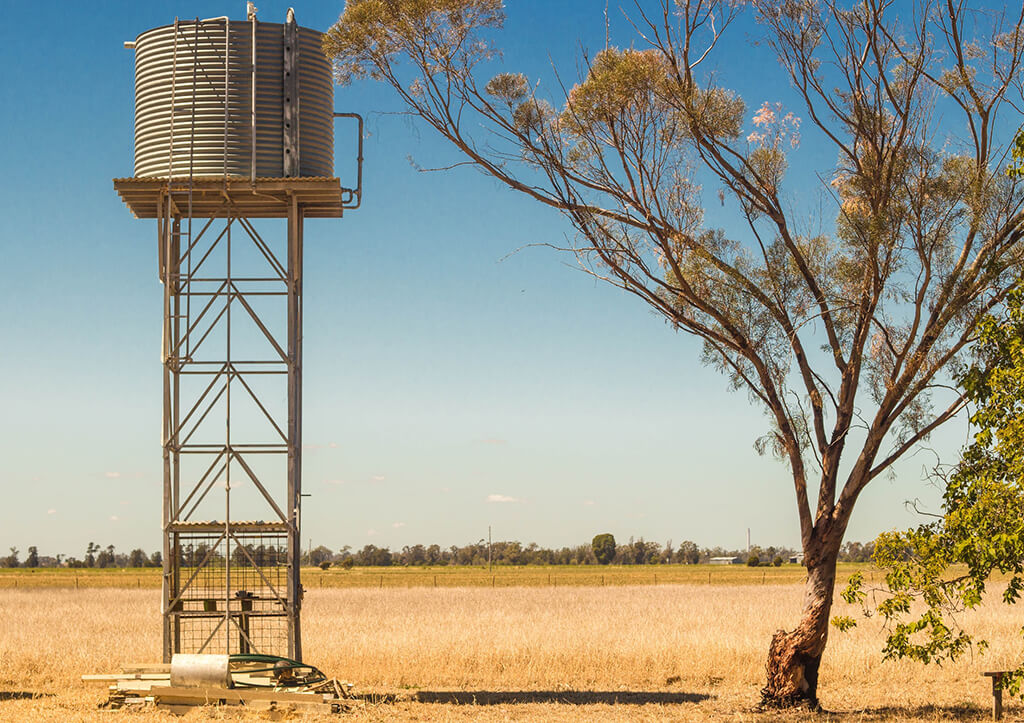 A round water tank stands on a raised platform in an arid landscape, beside a wiry tree.